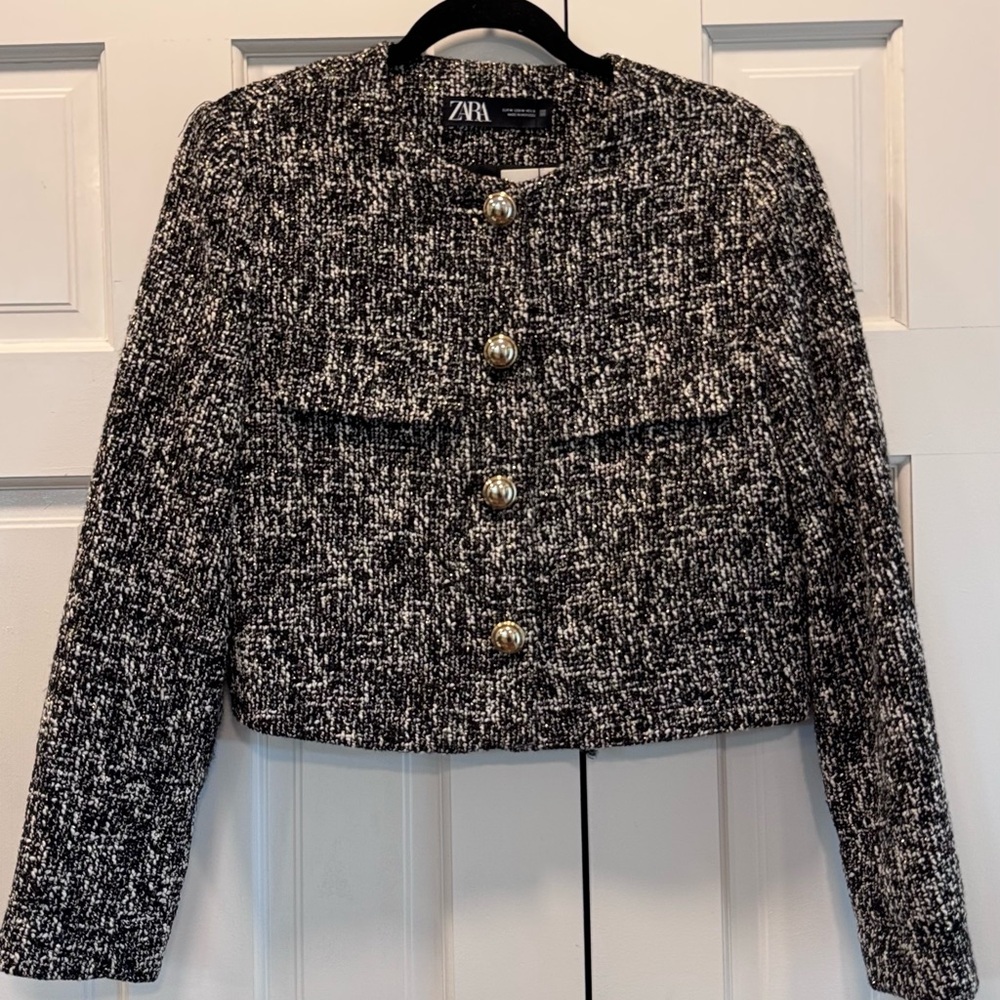 Zara Black & White Tweed Cropped Button Jacket
